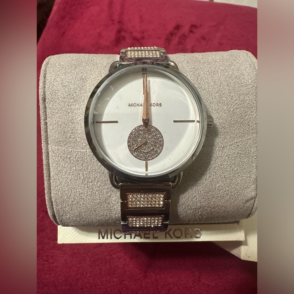 MICHAEL KORS PORTIA Brand New ROSE GOLD & SILVER STEEL PAVE WOMEN'S WATCH